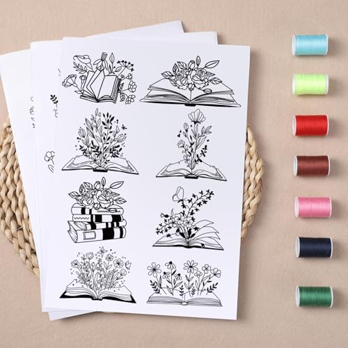 Water Soluble Embroidery Patterns Stabilizers, 3 Sheets Book Lover Stick and Stitch Papers Wash Away, Cat Flower Transfers Papers DIY Crafts Gifts for Hand Sewing Lover Beginners - size: Book Flower