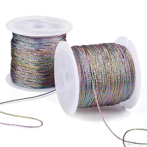 Beadthoven 2 Rolls Metallic Cord Twine, Colorful Thread String for Bracelet Making Jewelry Braided Thread Rope 9-Ply Embroidery Thread Floss for Gift Wrapping Home Décor Upholstery Curtain DIY Crafts - color: Light Metallic Color-colorful