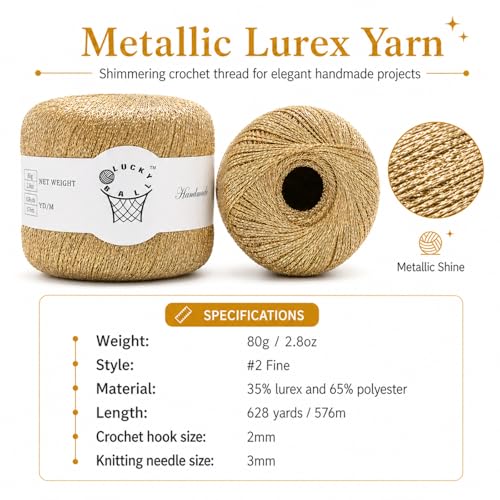 80g Sparkle Silver Lurex Thread Shining Yarn, Metallic Crochet Thread Yarn for Crocheting, Sparkle Metallic for Knitting Clothes, Car Charm, Keychain Charm(Gold) - color: Gold