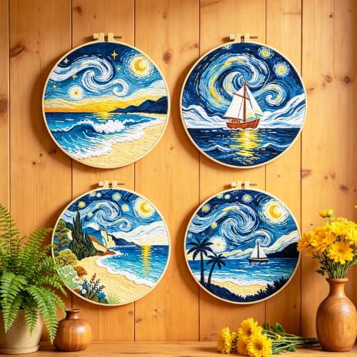 BEUNITONE 4pcs Embroidery Kit, Starry Sky & Beach Stamped Embroidery Kits with Hoop, Thread & Needles, Cross Stitch Kits Sewing Gifts for Adults and Beginners, DIY Craft for Relaxation - style: C-Starry Sky Scenery