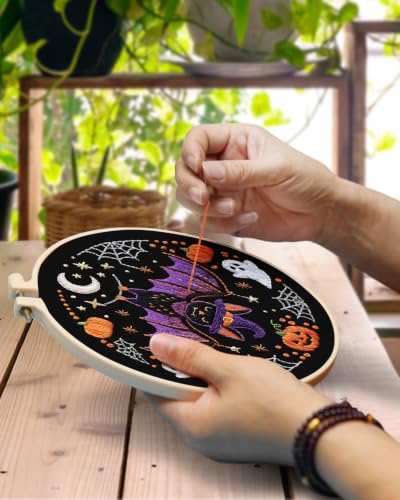 TINDTOP Halloween Embroidery Kit for Adult, 3 Pack Embroidery DIY Starter Kit, with Stamped Patterns, Hoop, Tools, Colorful Threads with Needles, Instructions - color: Halloween A