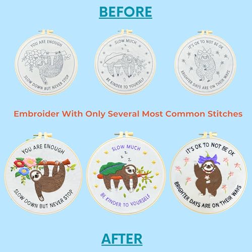 La glaneuse 3 Pack Embroidery Kit for Adult, Beginner Embroidery Kit of Positive Sloth Patterns with Positive Healling Quotes for Mental Healing - color: 3 Pack Positive Sloth