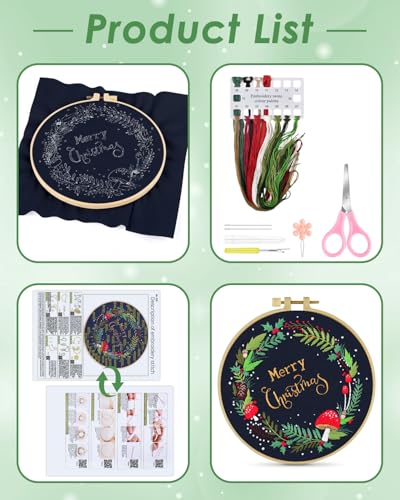 ERKOON Christmas Embroidery Kit for Beginners, Cross Stitch Set for Include Embroidery Cloth Hoops Threads for Craft Lover Hand Stitch with Embroidery Skill Techniques (Christmas Wreaths) - color: Christmas Wreaths