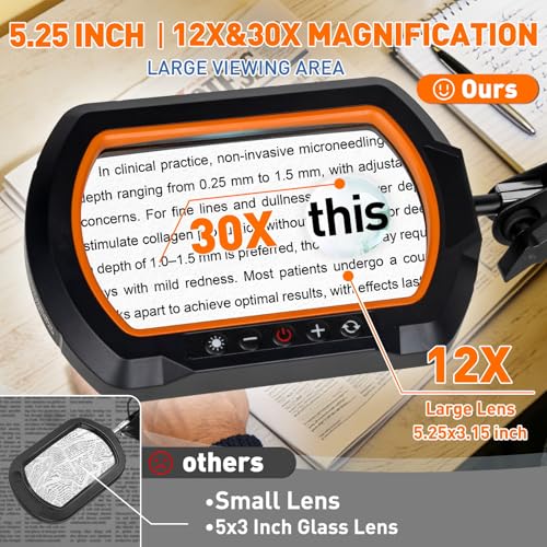 HITTI 30X & 12X Square Ultra Long Magnifying Glass with Light and Clamp - color: Yellow, size: 12X 30X