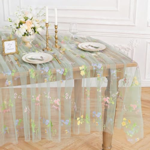 Floral Wildflower Tablecloth 60x120 Inches Sheer Sage Green Tulle Fabric - color: Sage Green, size: 60"x120", 1 Pc