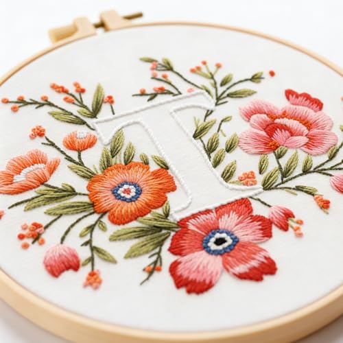 Zerzsy 7.87 '' Embroidery Kits Plant Flower Leaf English Letter Patterns for Beginners Adults, Easy to Learn Cross Stitch Kit for Home Office Decor - color: Letter T