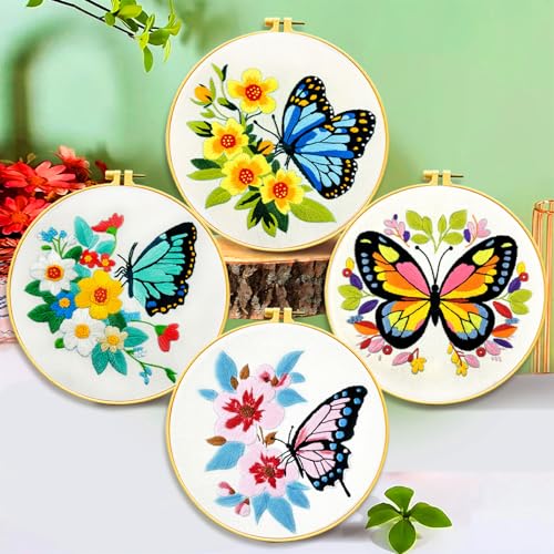 Zhenqing Butterfly Embroidery Kit 11.4x11.4 Inch - Complete Embroidery Set with Fabric, Threads, Needles & Hoop - Beginner-Friendly DIY Craft Kit for Adults (C0041) - color: C0041