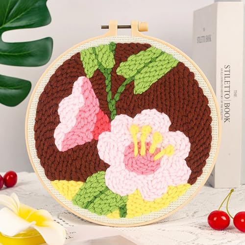 Woohome Punch Needle Kit Included Plastic Hoops, Punch Needle Cloth, Color Yarn and Punch Needle Tools for Adults, Beginners (Red, Pink and Yellow Flowers) - color: Color 17