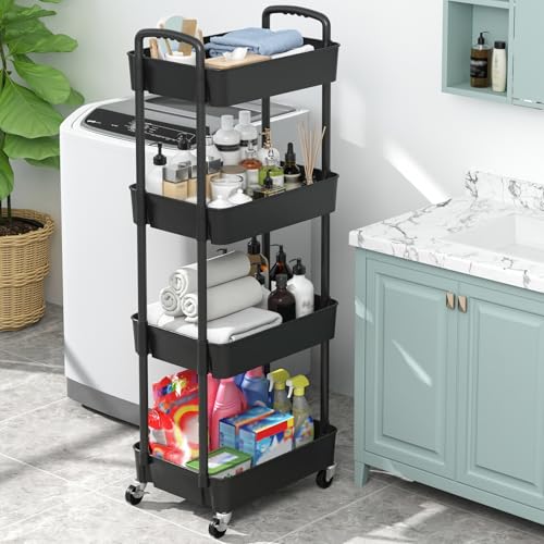 Sywhitta 4-Tier Plastic Rolling Utility Cart with Handle, Multi-Functional Storage Trolley for Office, Living Room, Kitchen, Movable Storage Organizer with Wheels, Black (Pack of 2) - color: Black, size: 4-tier (Pack of 2)