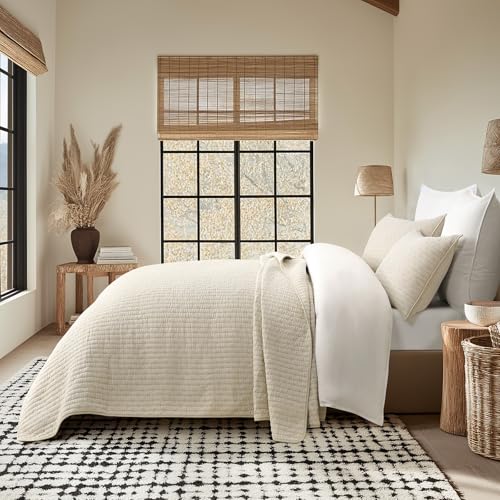 EverGrace 100% Cotton Cross Stitch 3-Piece Quilt Set, 118"x106", Flax Beige - color: Flax Beige, size: OVERSIZED CAL KING (118" x 106")