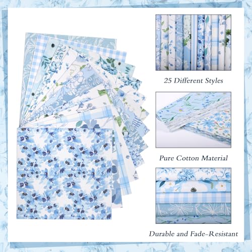 25 Pcs Blue Quilting Fabric Squares 10 x 10 Inch Cotton Precut - color: Blue Floral