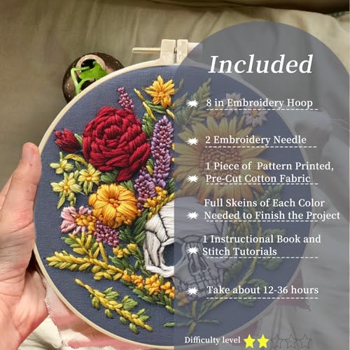 FONNUY Floral Embroidery Kit for Beginners, Colorful Flowers Pre-Stamped Pattern Kits for Adults with Hoop, Thread Needlework, 8'' Hoop (Skull) - color: Skull