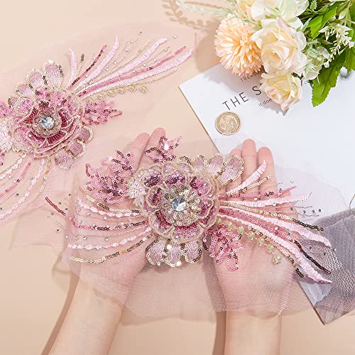 NBEADS 2 Pcs 3D Flower Lace Embroidery, Floral Embroidered Lace Patches with Sequin Nail Bead Tulle Applique Sew on Patches for Clothing Wedding Dress Lace Fabric DIY Decoration, Hot Pink - color: Hot Pink Flowers with Sequin-2 Pcs