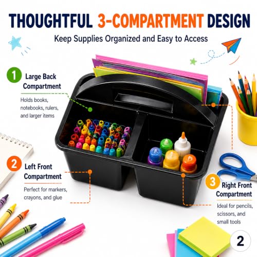 Haundry 6 Pack Black Classroom Caddy, 3-Compartment Plastic Supply Bins - color: Black