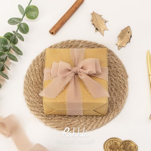 Ribbli Beige Ribbon 1 Inch x 3 Rolls Total 24 Yards Natural Handmade Fringe Chiffon Silk Ribbon for Wrapping Wedding Invitations Bridal Bouquets DIY Crafts Home Decor - color: Beige