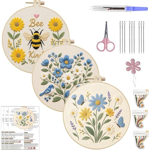 ARTopet 3Pcs Embroidery Kit for Adults Beginners Flower DIY Craft Starter Set Cotton Needlepoint Set with 7.87In Hoop Threads Tools Perfect Gifts for Hobbyists to Create Wall Art-02 - color: 3Pcs-02