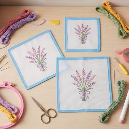 3 Pcs Blank Needlepoint Canvas 18 Mesh with Blue Bias Tape Edge - color: Blue