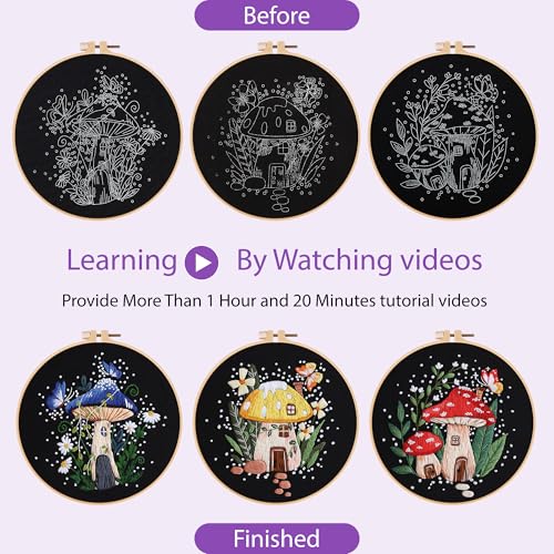 Uniartfy 3 Sets Embroidery Kit for Adults Beginners, Needlepoint Kits Cross Stitch, Hand Embroidery Starter Kit with Mushroom Stamped Patterns, Hoop, Tools, Colorful Threads with Needles, Instructions - color: Embroidery Kit-L