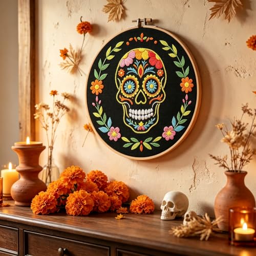 Nuberlic Sugar Skull Embroidery Kit for Beginners Adults Stamped Needlework - color: Sugar Skull