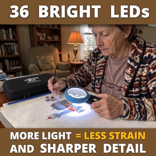 30x 10x VisionAid Hands-Free Magnifying Glass with Stand, Bright LED Light, Sturdy Storage Case - Handheld Magnifier for Reading - size: Battery Powered - 36 Ultra Bright LED with Case