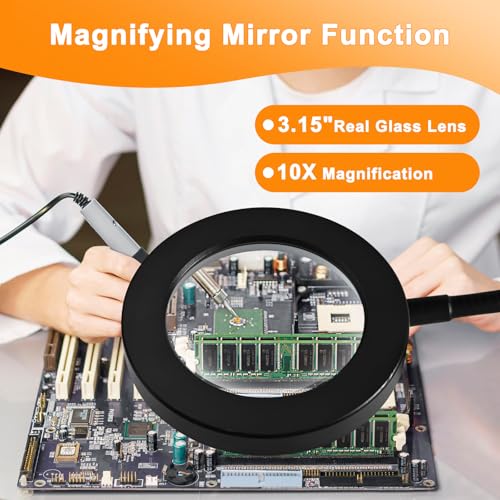 10X Magnifying Glass with Light and Timer, 2 in 1 Magnifying Desk Lamp, 3 Color Modes 10 Dimmable Brightness, Flexible Gooseneck Magnifier with Light for Craft Hobby Painting Sewing Close Work - size: 120MM