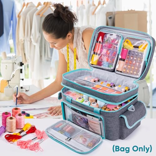 Double-Layer Sewing Organizer Bag with 2 Detachable Pouches and Dividers - color: Grey, size: L-13.5"