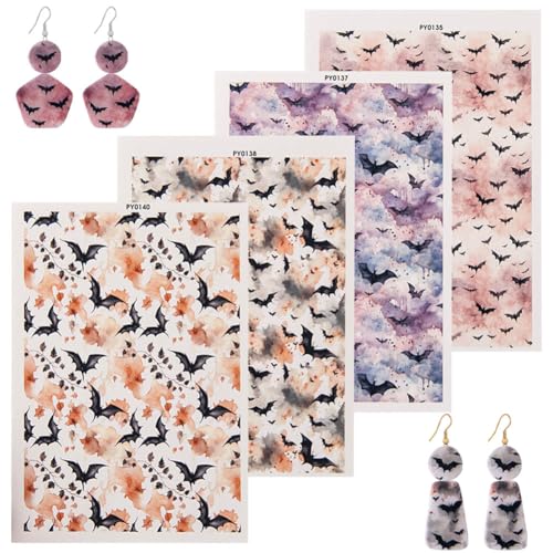 KABAKE Polymer Clay Transfer Paper 4 PCS Colorful Flowers Water Soluble Transfer Sheet for Earrings Jewelry Making - color: Watercolor Bat