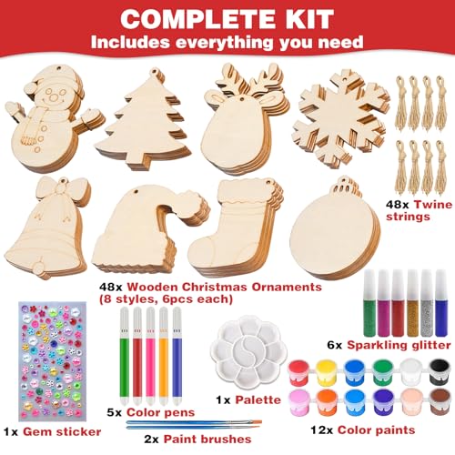 Christmas Craft Painting Kits, 48pcs Wooden Christmas Ornaments, Unfinished Paintable Blank Wood Slice with 8 Styles & Crafts Making Supplies, DIY Xmas Tree Decor Art Activity for Family Fun