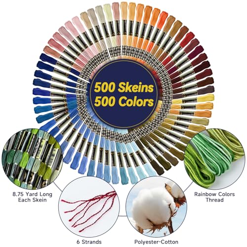 500 Skeins Embroidery Floss - 500 Color Rainbow Cross Stitch Thread, 26.3ft Each Skein Embroidery Polyester-Cotton Thread for Cross Stitch, Embroidery, Craft Floss, Bracelet Making