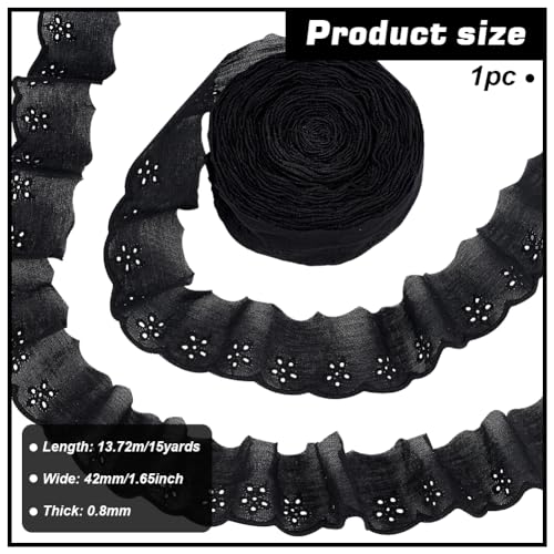 FINGERINSPIRE 15 Yards Cotton Lace Trim 1-5/8 inch Black Cotton Eyelet Lace Ribbon Floral Embroidery Ruffle Lace Trim Wavy Edge Floral Cotton Lace Ribbon for Sewing Dresses Clothes Bag Pets Clothes - color: Black