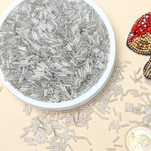 2000pcs Glass Bugle Beads, Tube Beads Bulk, Mini Long Tiny Small Waist Loose Spacer Embroidery Beaded for Bracelets Jewelry Making Sewing, Crafts, 2×6mm, Silver - color: Silver