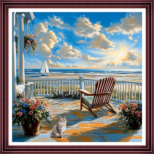 Funchey Counted Cross Stitch Kits for Adults Needlepoint Kits Unprinted Cross Stitching Embroidery Kit 11CT Cross Stitch Supplies-A Corner of the Seaside Garden 18x18 inch - color: ArtsKits36
