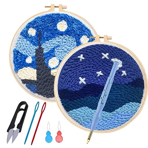 Allazone Punch Needle Embroidery Starter Kits, Pattern Punch Needle Kits Threader Fabric Embroidery, Punch Needle with Adjustable Embroidery Pen for Adults Kids Beginner (Moonlight & Lakeside) - color: Moonlight & Lakeside