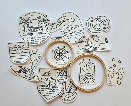 Water Soluble Embroidery Patterns Stabilizers, Stick and Stitch Embroidery Transfers Paper Tear Away Embroidery Stabilizer with Fun Designs for Stitching (Beach) - color: Beach