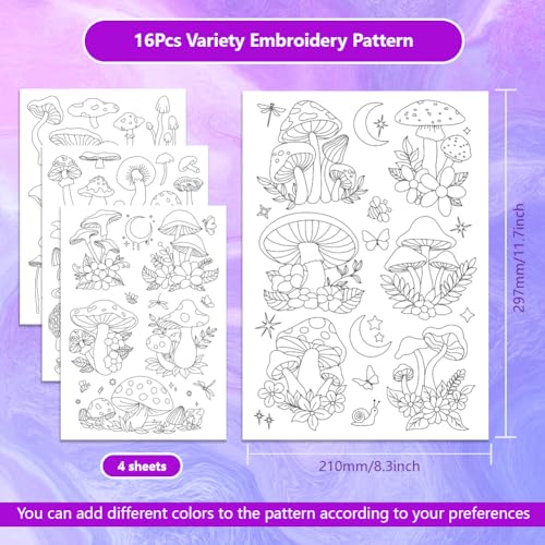 ORIGACH 4 Sheets Large Water Soluble Embroidery Patterns Stabilizers - Pre-Printed Mushroom, Moon, Star & Flower Hand Sewing Stabilizers- Stick & Stitch Embroidery Patterns for Hand Sewing Beginner - color: Mushroom Moon Star & Flower