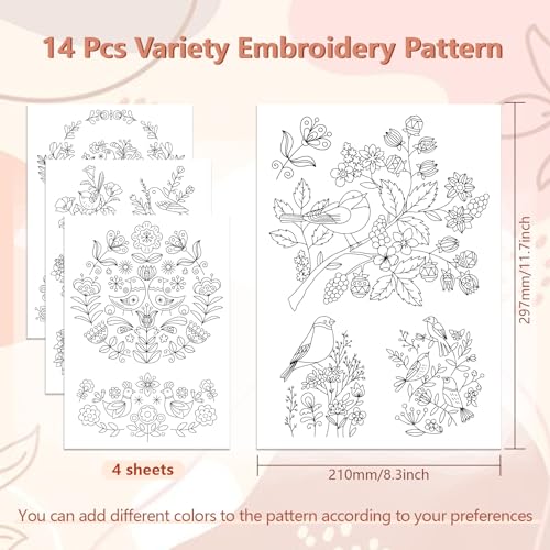 Peacoblue Bird and Flower Stick and Stitch Embroidery Patterns - color: Bird and Flower