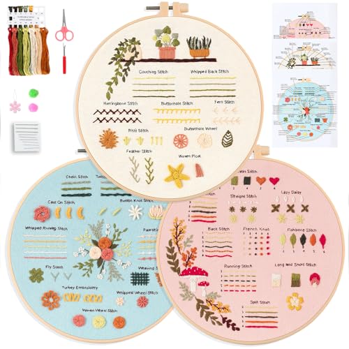 JOINRUN Beginner Embroidery Kit for Adults, 3 Pack with Video Tutorial - color: Flower