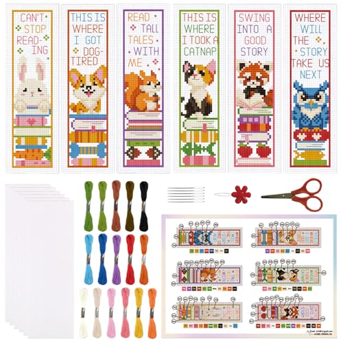 ORIGACH 6 Set Animals & Books Cross Stitch Bookmark Kit for Beginner - style: Animals and Books