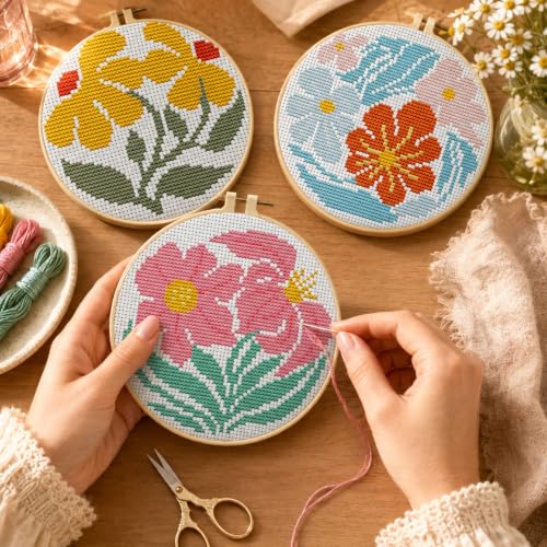 3 Pack Flower Stamped Cross Stitch Kits for Beginners,with Hoop 6x6 inch - color: Abstract Flowers-2607