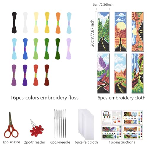 FREEBLOSS 6 Set Cross Stitch Bookmark Kit Cross Stitch Kit Mountain Road Landscape Stamped Embroidery Bookmark with Instruction Cross Stitch Kits for Adults DIY Bookmark Kit 8.66''x3.15'' - style: Highway