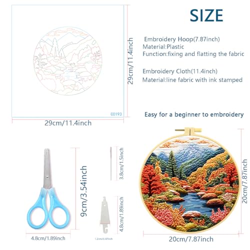 Zhenqing Mountain Landscape Embroidery Kit 4 Pack, Seasonal Scenery Craft Set with 20cm Hoop, Printed Designs on 29x29cm Cotton Fabric, DIY Nature Wall Art (JC0166)