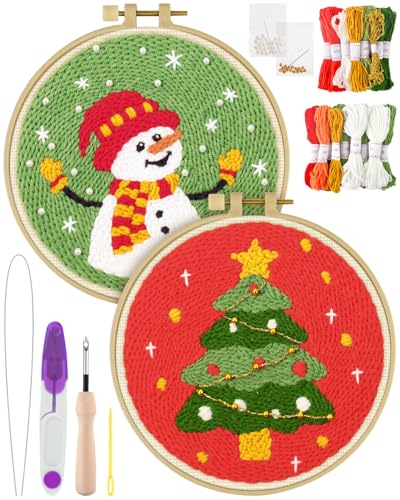 ERKOON Christmas Punch Needle Kit Adults Beginners, 2 Pcs DIY Easy Embroidery Set for Starter Art Craft, Needling Punch Project with Patterns, Tools, Yarns, Hoop, Instruction (ChristmasTree & Snowman) - color: ChristmasTree & Snowman