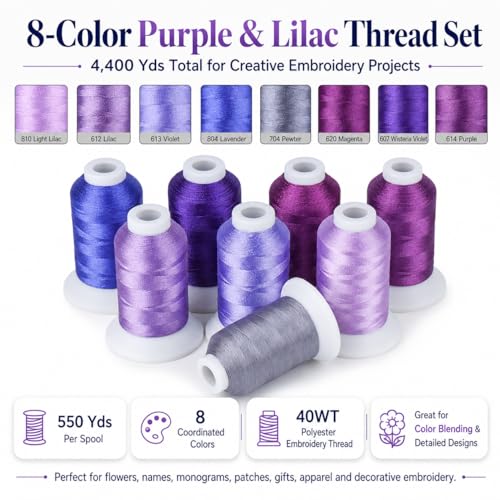 Simthread 8 Shades 550Yds Each 40WT Polyester Embroidery Thread Purple Set - color: 550YPurpleBrother