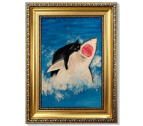 Vintage Gold Framed Black Cat Riding Shark Wall Art,9x11in - color: Cat Riding Shark Gold Framed, size: 11"L x 9"W
