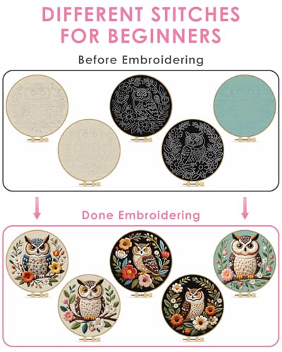 TINDTOP 5 Pack Embroidery Kit for Adult, Embroidery DIY Starter Kit, with Stamped Patterns, Hoop, Tools, Colorful Threads with Needles, Instructions - color: Owl