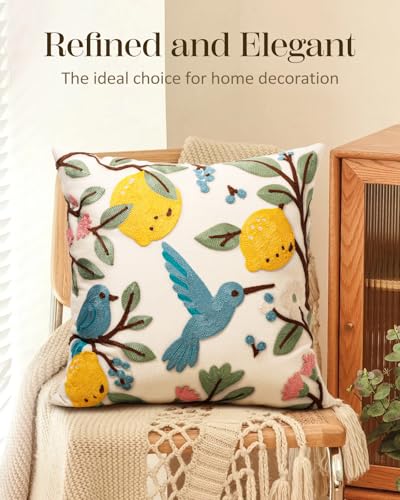 Embroidered Throw Pillow Cover 18x18 Inch, Bird Lemon - color: Bird Lemon, size: 18" x 18" (Pack of 1)