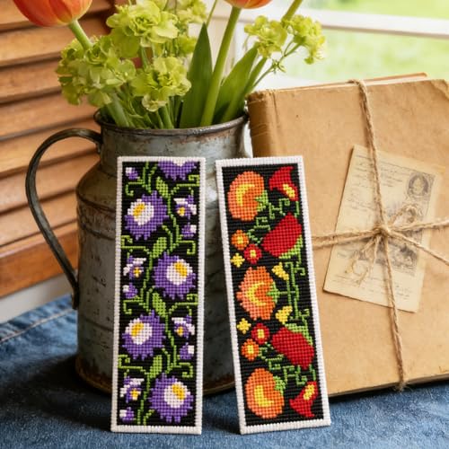 ACRNIGHEET 6PCS Cross Stitch Kits Stamped Cross Stitch Bookmark Kit for Beginner Adults Easy Flower DIY Embroidery Bookmark Kit Needlepoint Kits with Instructions Book Lovers Craft Gift 8.5''x3'' 11CT - style: Floral patterns 3