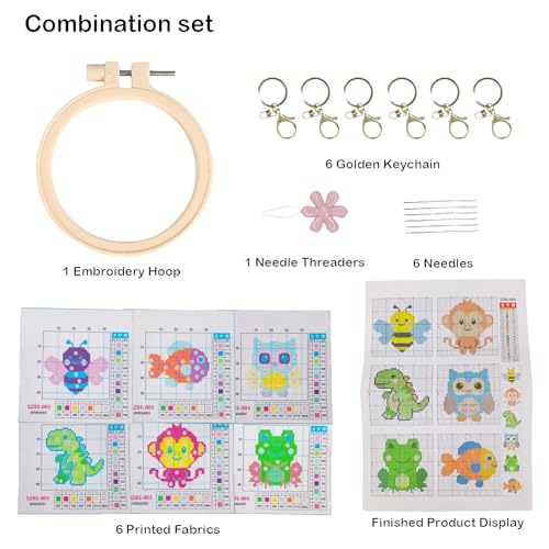 57lilina Cross Stitch Kits for Kids, 6 Set Easy Beginner Embroidery Pattern - color: Frog+Bee+Owl+Dinosaur+Monkey+Fish