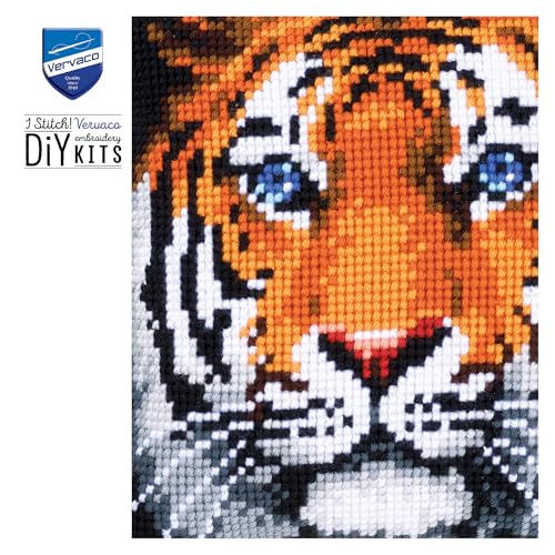 Vervaco Cross Stitch Embroidery Kits Pillow Front for Self-Embroidery with Embroidery Pattern on 100% Cotton and Embroidery Thread, 15,75 x 15,75 Inches - 40 x 40 cm, Tiger - color: multicolor
