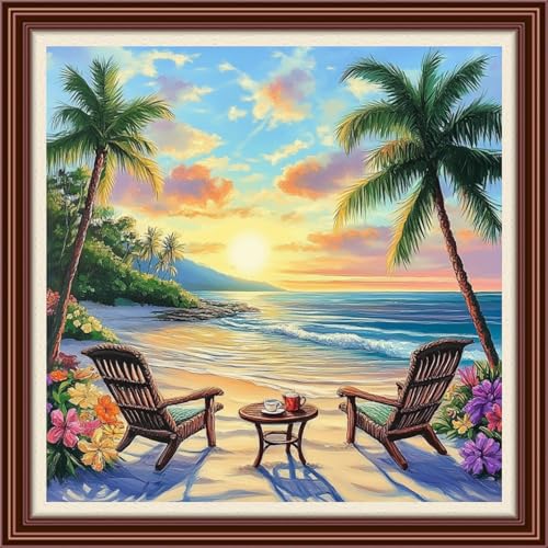 Dimxvean Counted Cross Stitch Kits for Adults,11CT Unprinted Cross-Stitch Pattern Embroidery Kit Cross Stitching Kit Supplies Needleworks Set-Seaside Sunset Glow 18x18 inchs - color: SetColor03